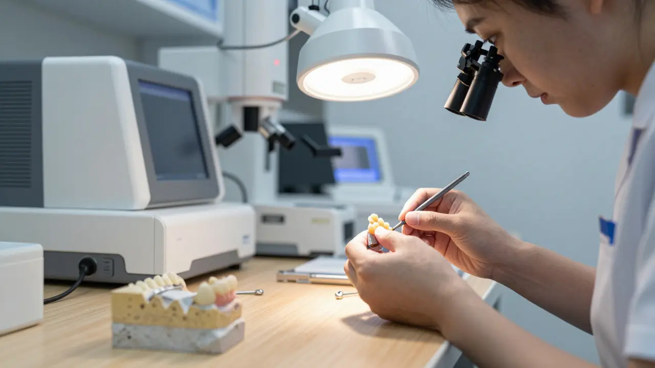 Zubní technik kontroluje hotovou korunku v laboratoři
