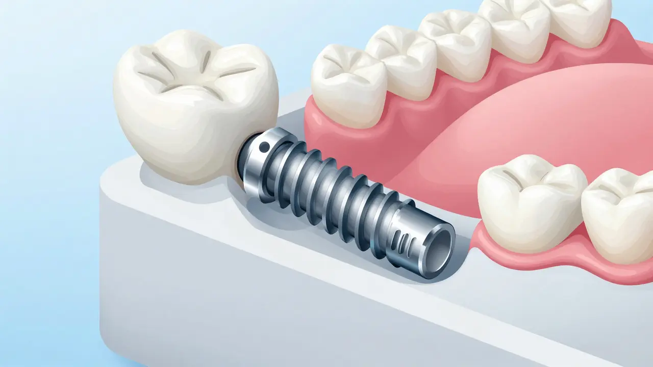 Anatomický pohled na zubní implantát pevně ukotvený v čelistní kosti.