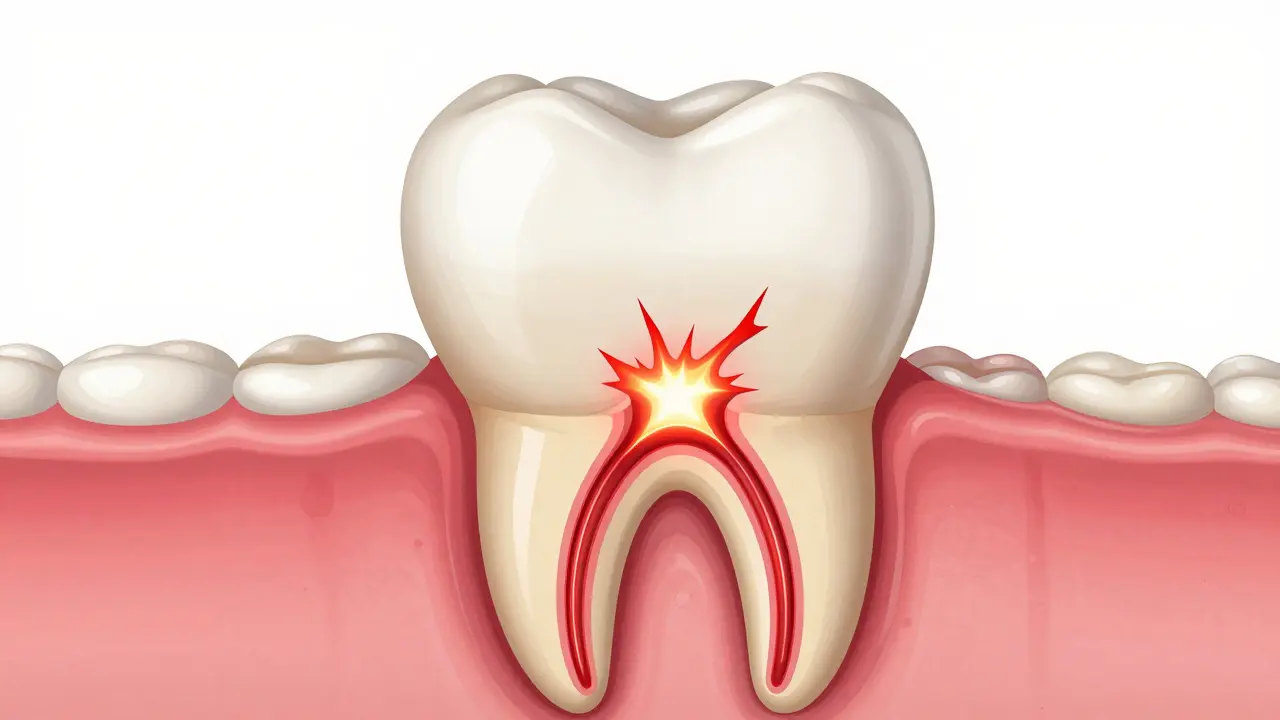 Anatomický průřez zubem ukazující odhalený dentin a podrážděný nerv