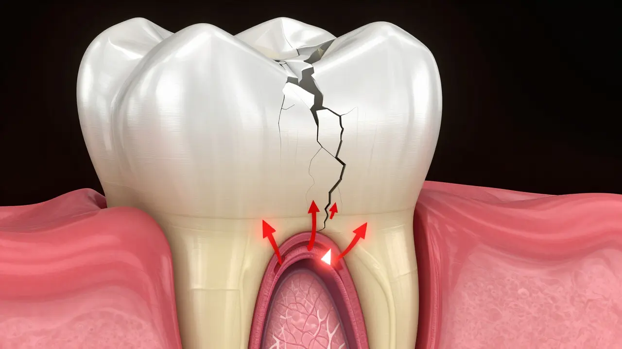 Anatomický řez zubem ukazující citlivý nerv a dentin