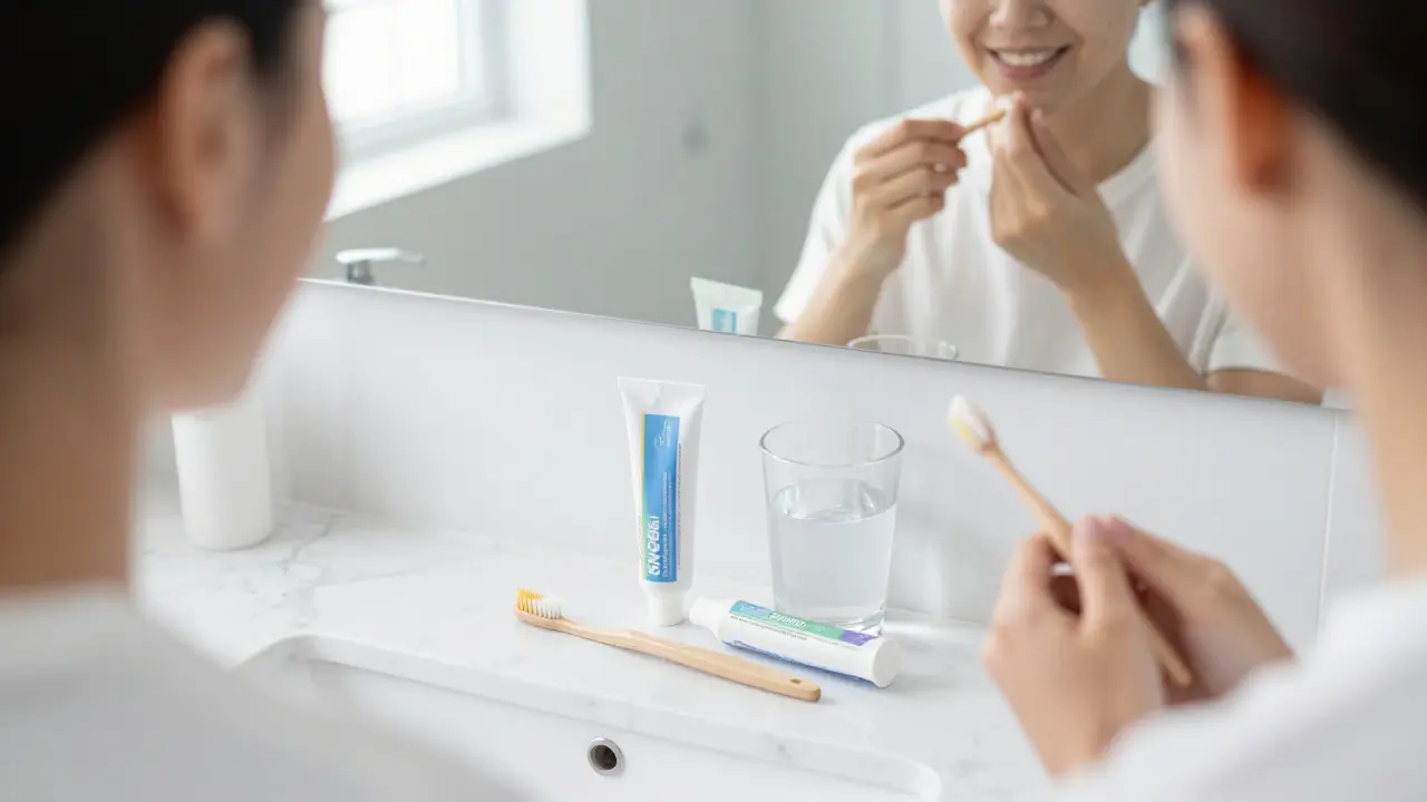Hygienické pomůcky a sůl pro péči o dásně a nové zuby