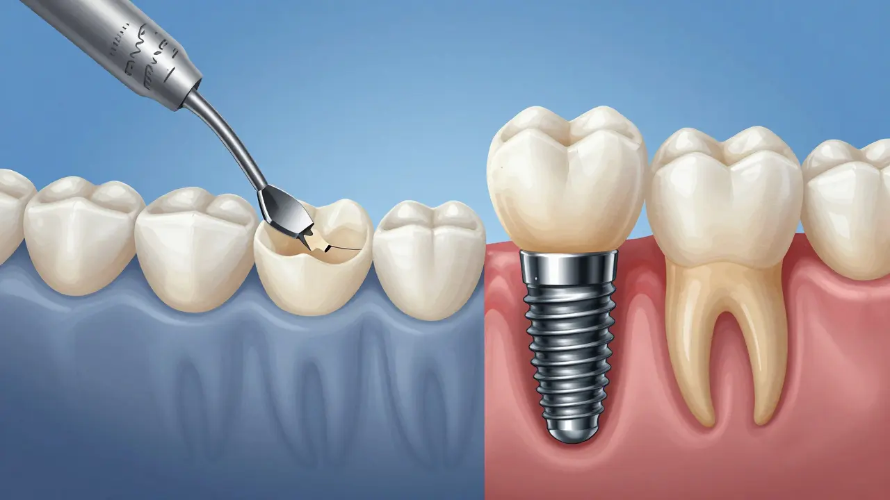 Ilustrace porovnání broušení zubu pro můstek a instalaci implantátu