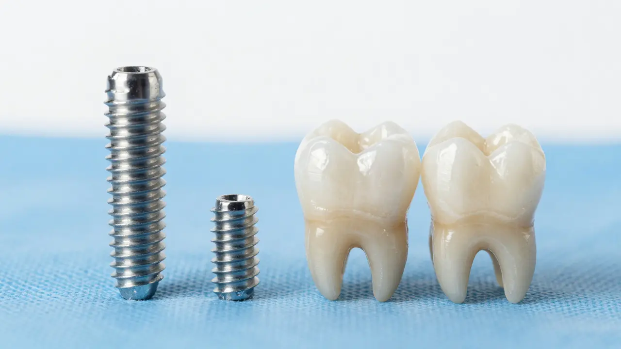 Titanový implantát vedle keramických korunek na sterilním prostěradle