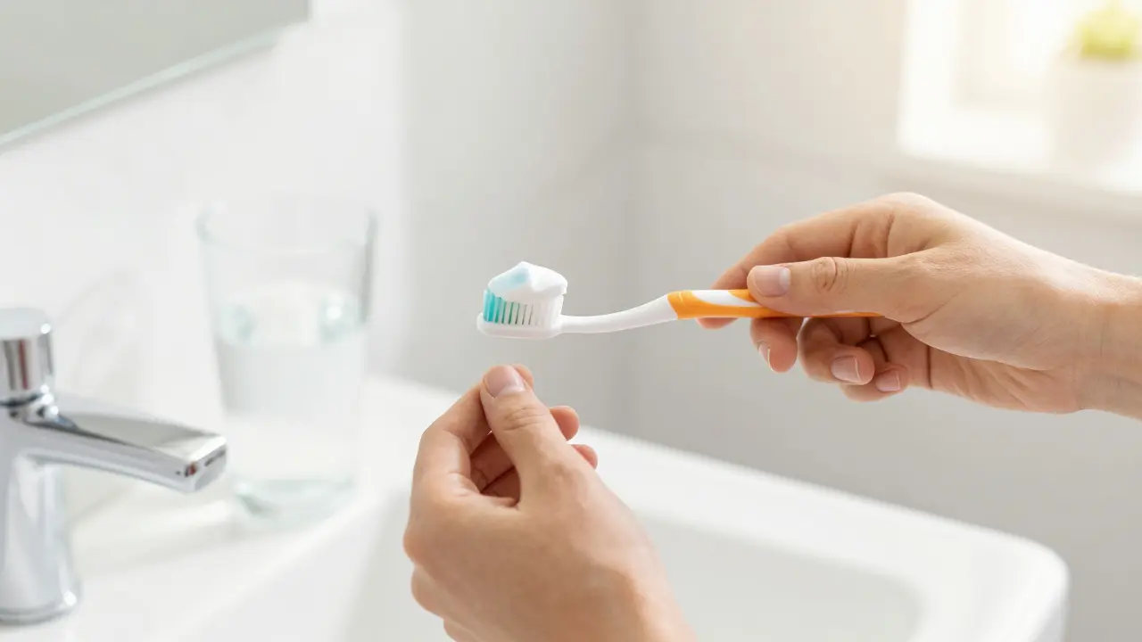 Zubní kartáček s pastou a voda pro prevenci zubního kazu