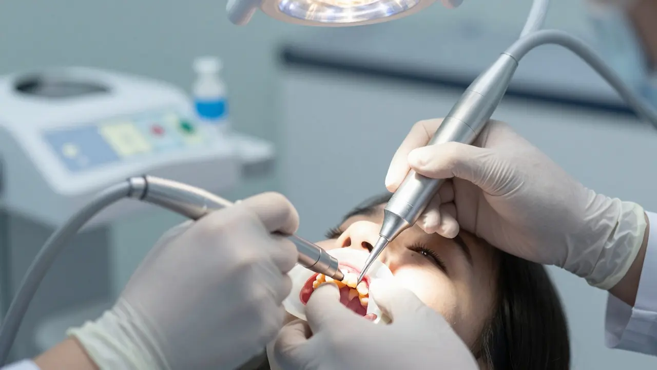 Zubní lékař provádí vrtání zubu s použitím gumové bariéry