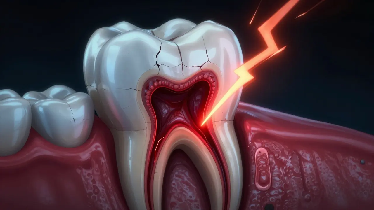 Anatomický průřez zubem s zaníceným nervem a hlubokým kazem