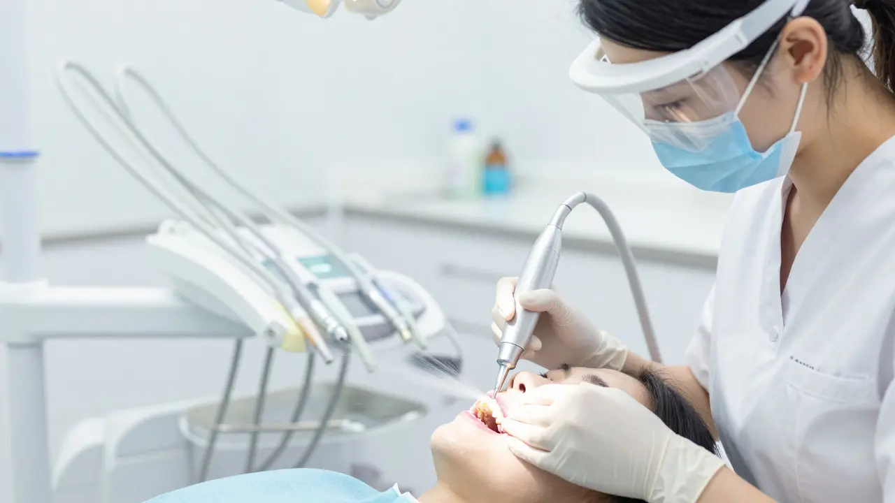 Dentální hygienistka čistí zuby ultrazvukovým nástrojem