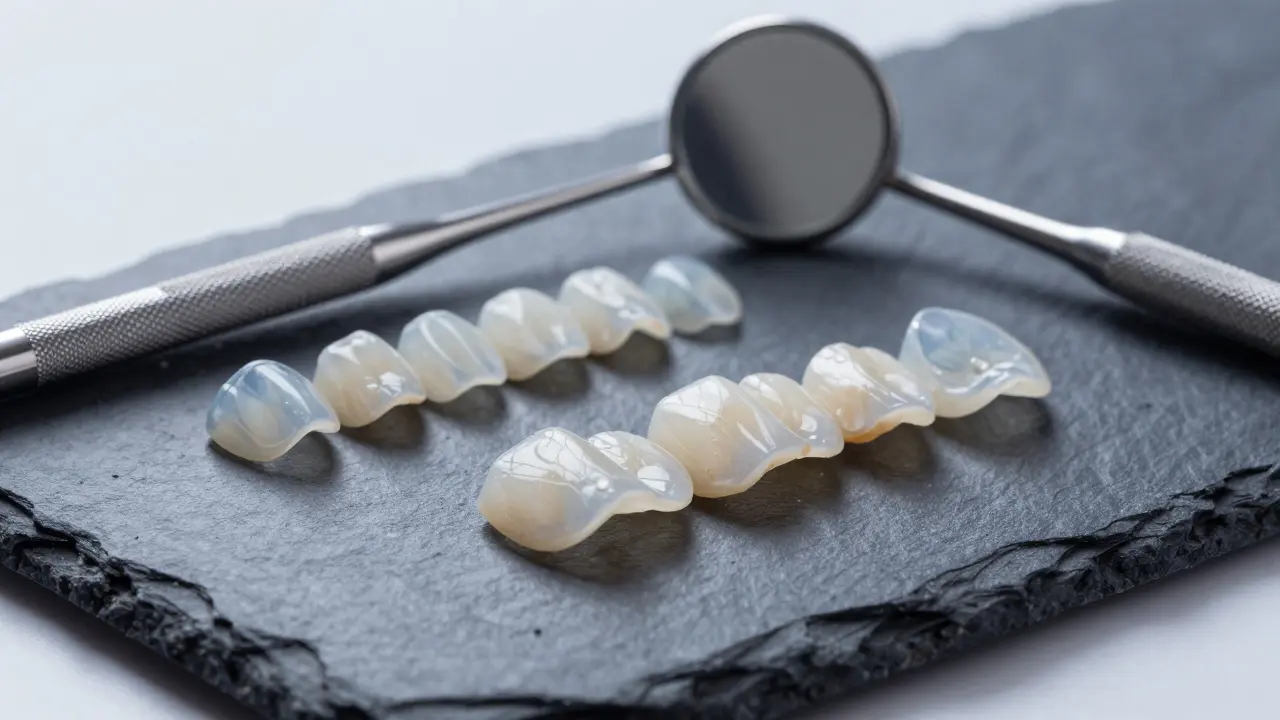 Detail keramických zubních fazet a dentálních nástrojů