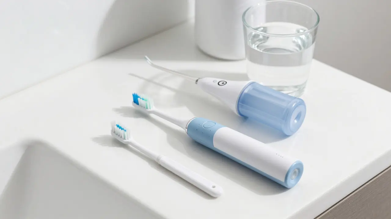 Hygienické pomůcky pro čištění zubů s rovnátky na umyvadle