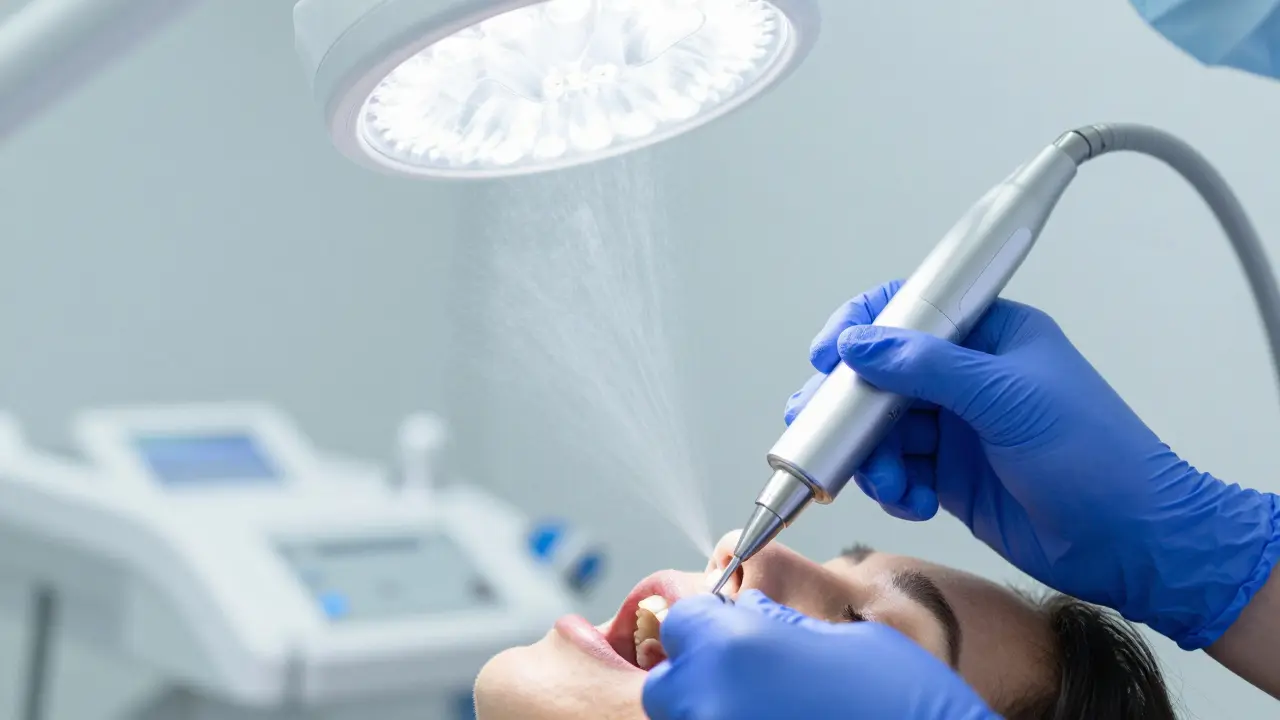 Hygienista čistí zuby ultrazvukovým přístrojem v ordinaci