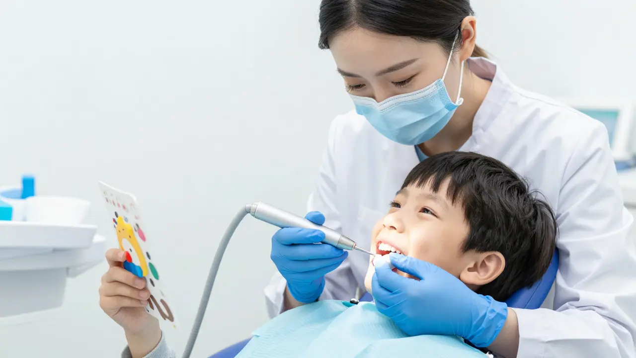 Hygienistka čistí zuby dítěti ultrazvukem