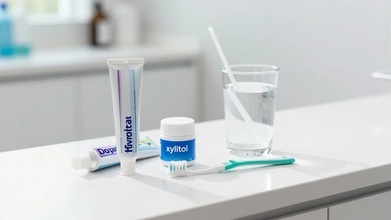 Nástroje pro prevenci kazu: fluoridová pasta, xylitol a mezizubní kartáček.