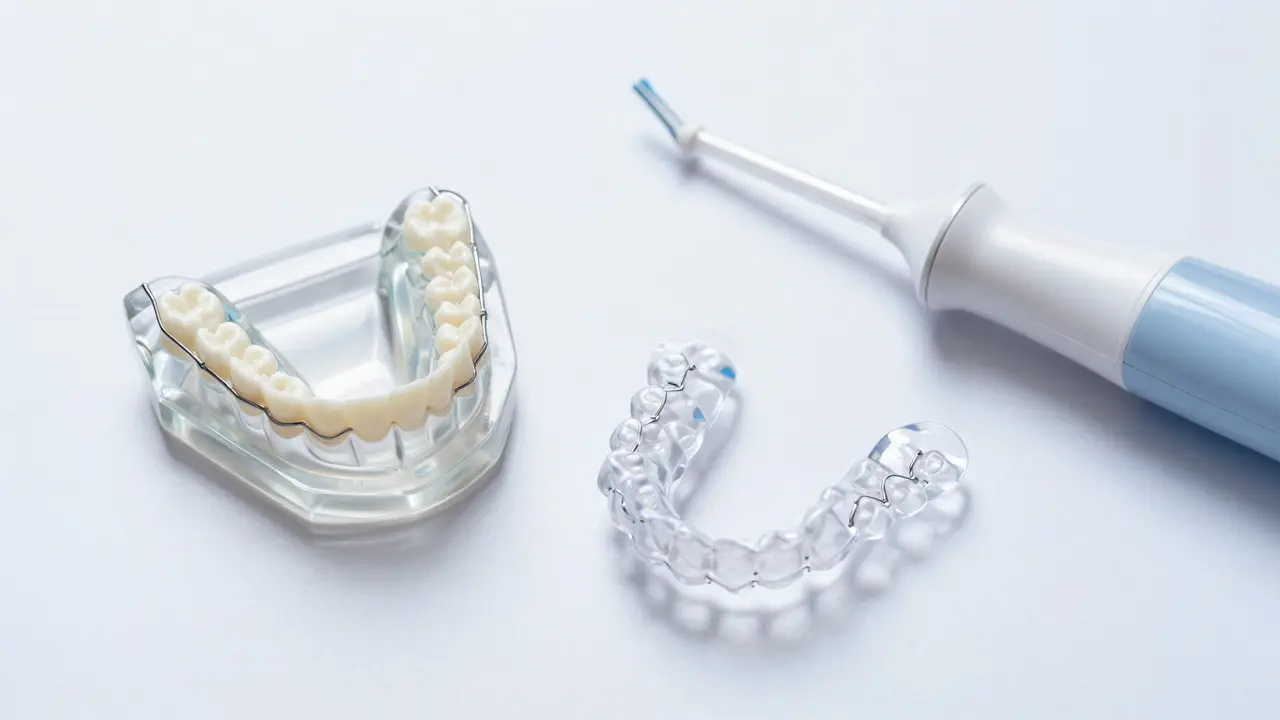 Různé typy retenčních destiček a hygienické pomůcky