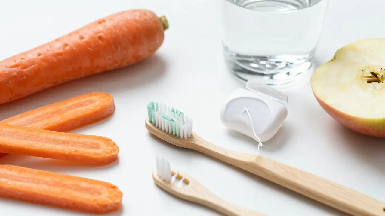 Zubní kartáček, nitě a zelenina pro prevenci kamene