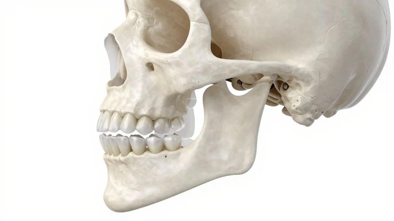 3D model lebky ukazující nesprávné zakusení zubů