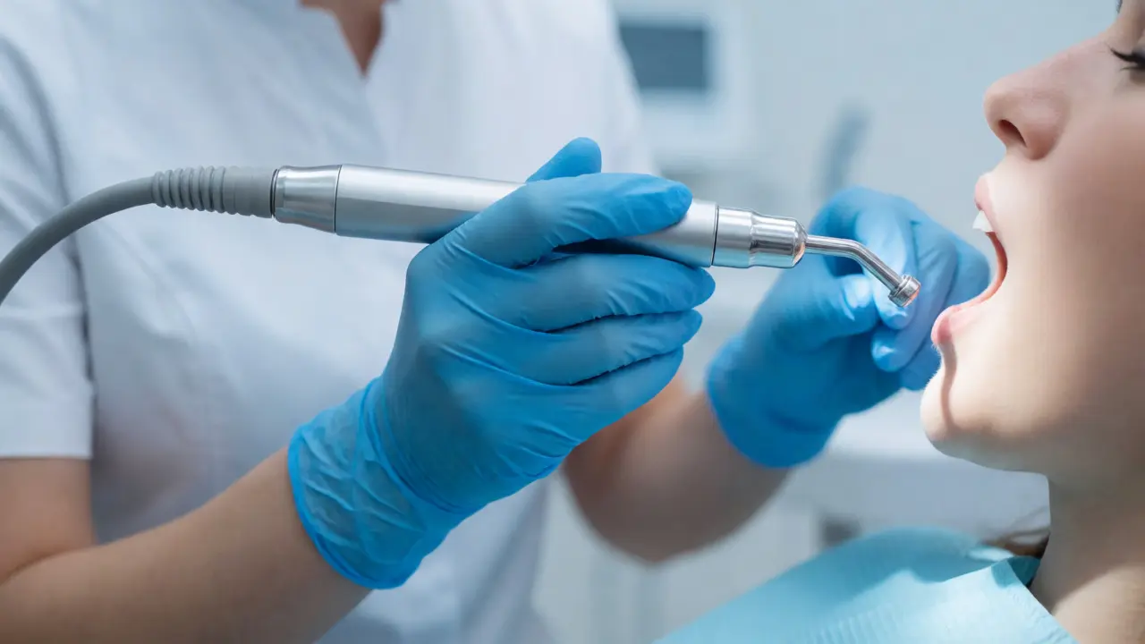 Dentální hygienista odstraňuje zubní kámen ultrazvukovým přístrojem v ordinaci.