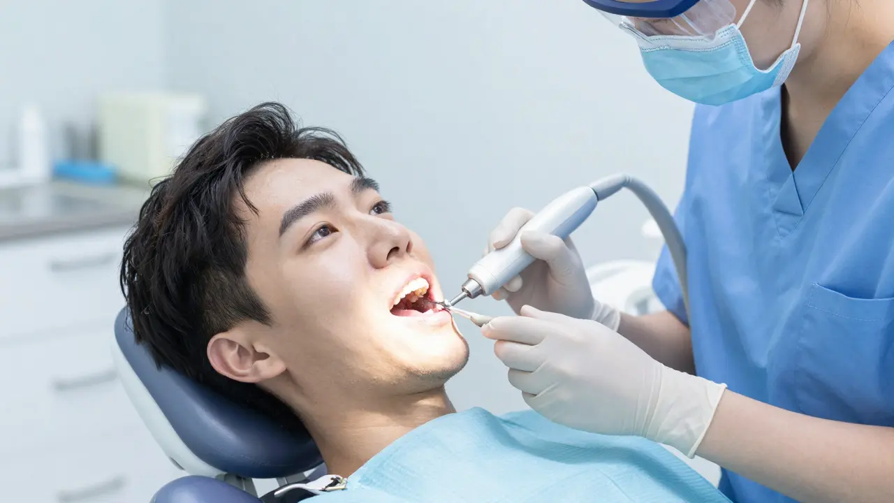 Dentist performing ultrasonic cleaning on a patient's teeth