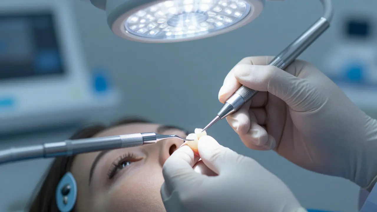 Dentista aplikuje keramickou fazetu na zub pacienta