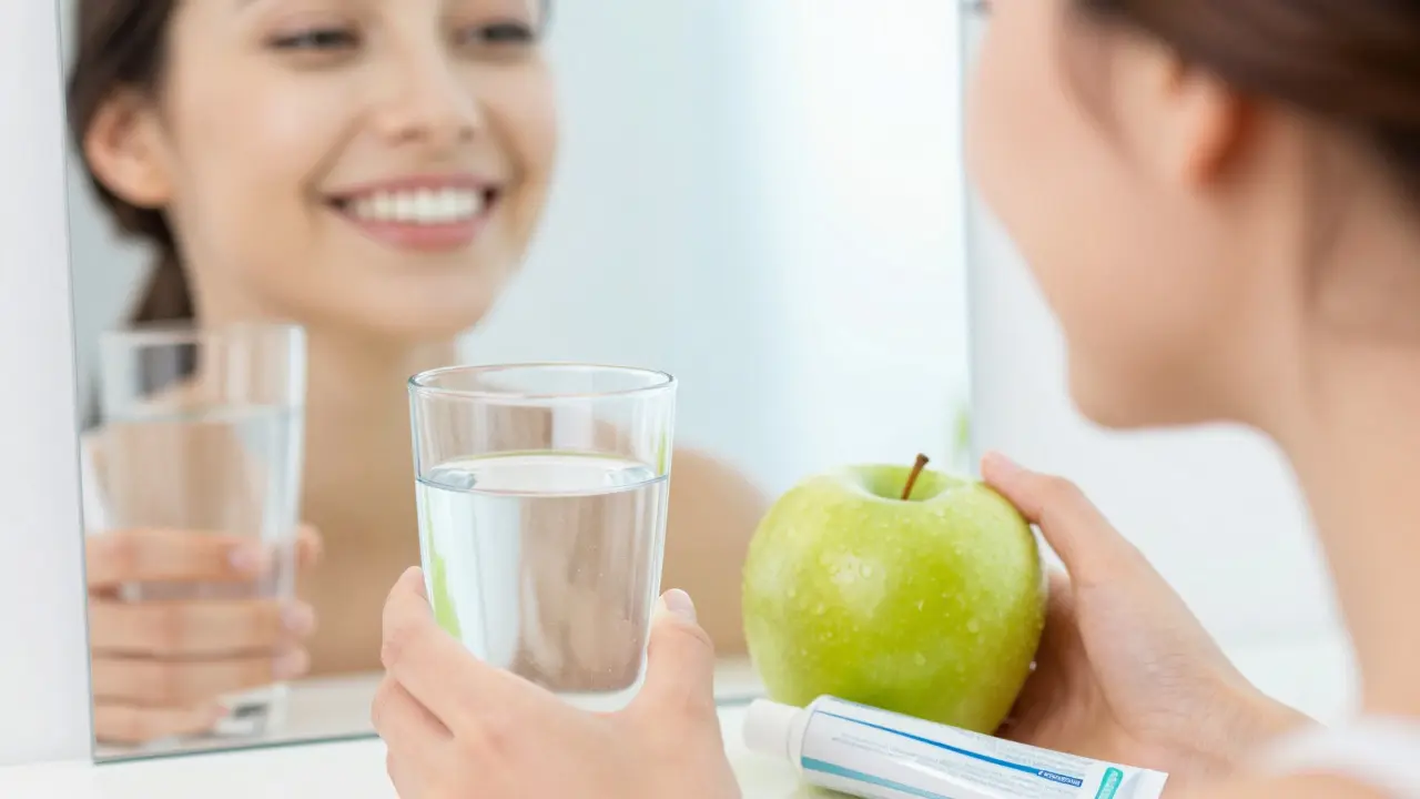 Healthy smile reflected in a mirror with water and toothpaste nearby