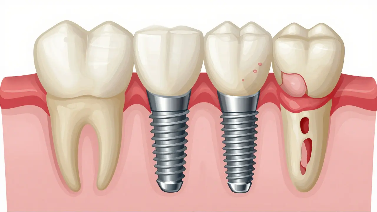 Ilustrace řezu čelistí ukazující rozdíl mezi zdravou kostí a uvolněným implantátem