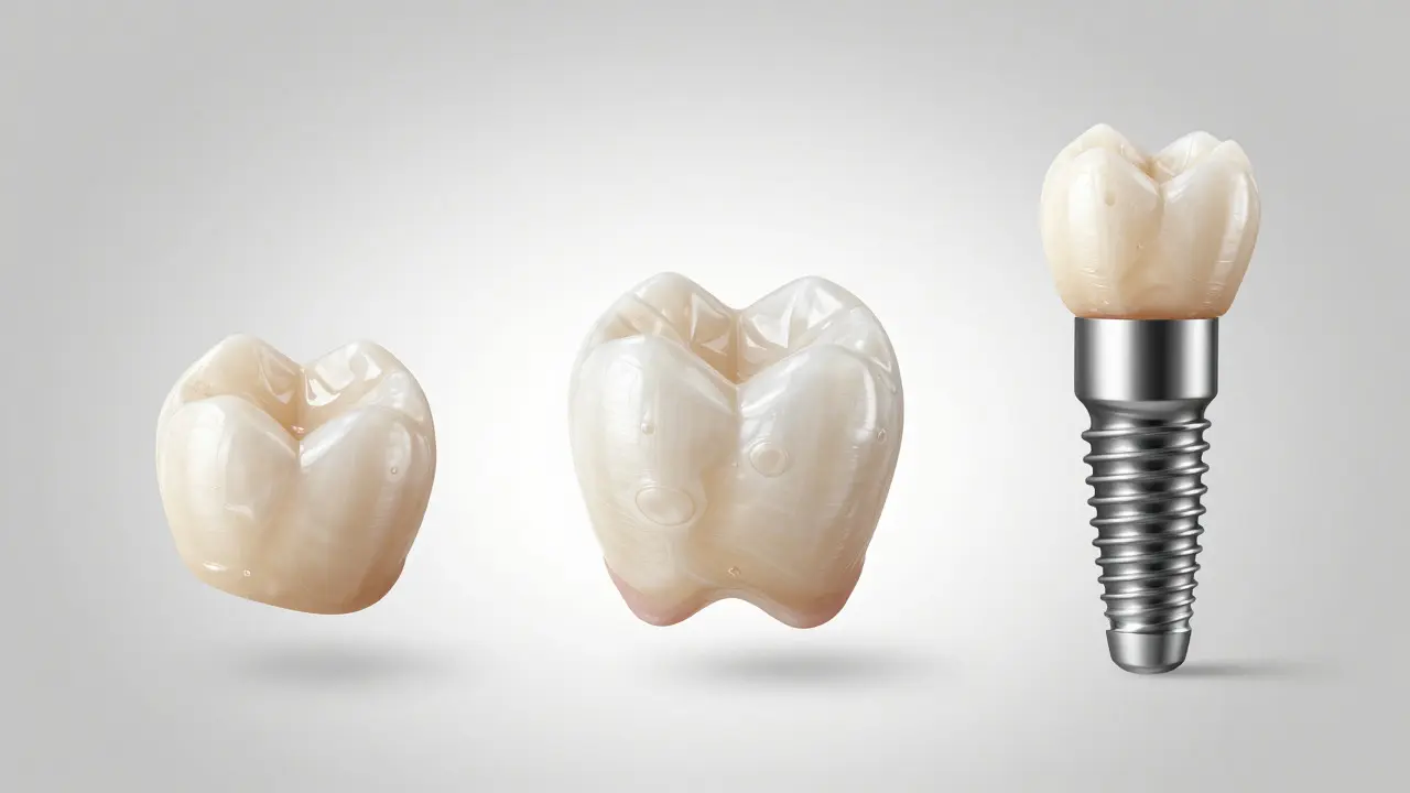 Ilustrace různých metod opravy zubů: kompozit, keramická korunka a implantát
