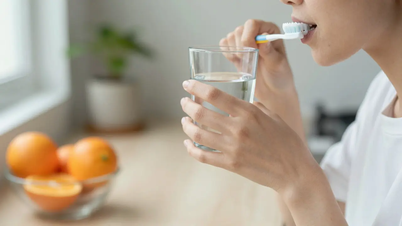 Ruce držící sklenici vody po čištění zubů v domácnosti