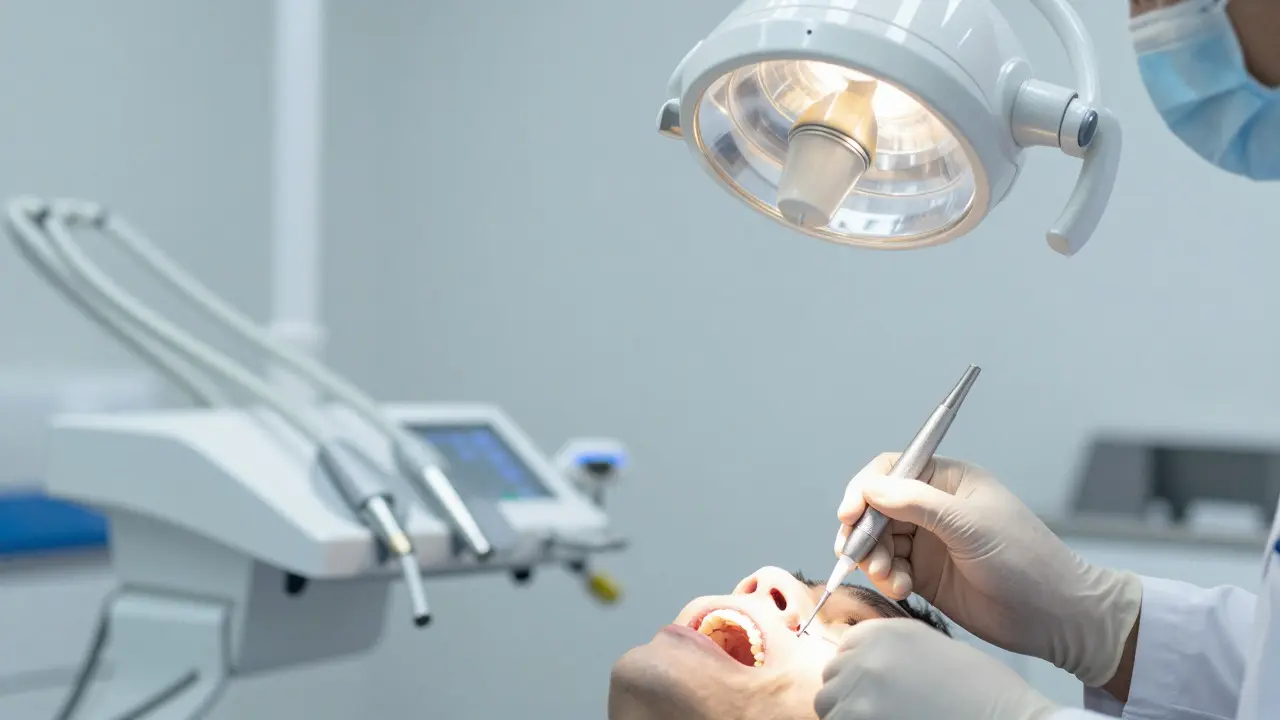 Zubní lékař používá mezizubní štěteček při prevenci kazu