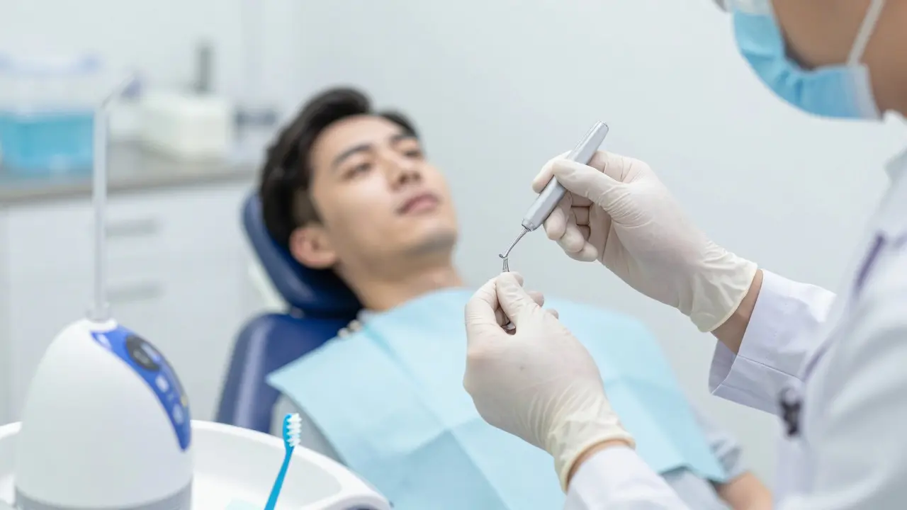 Zubní lékař testuje stabilitu implantátu pomocí speciálního nástroje v ordinaci
