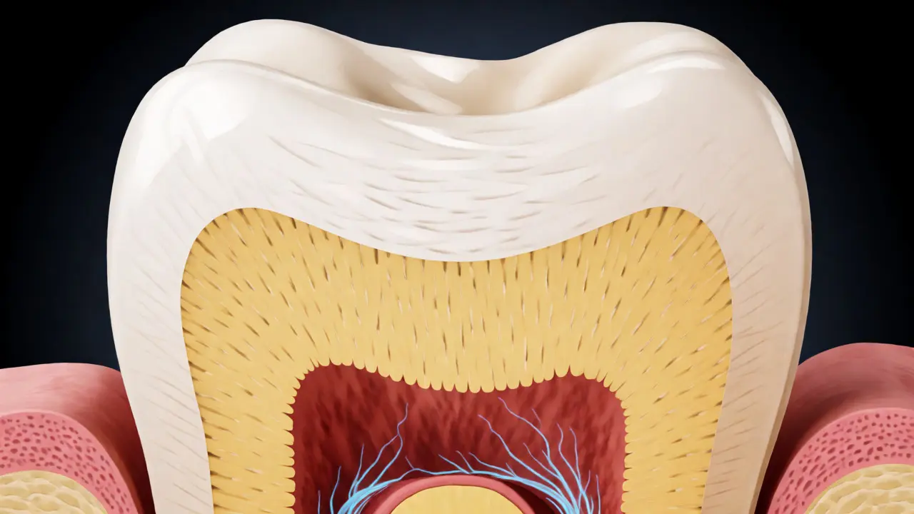 Anatomický řez zubem ukazující odhalený dentin a mikroskopické kanálky vedoucí k nervu.