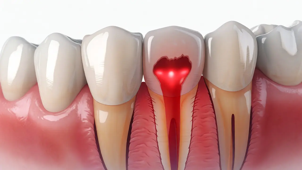 Anatomie předního zubu s viditelnou pulpní komorou