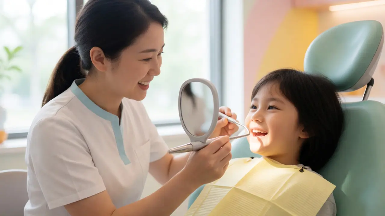 Dentista vyšetřuje ústa usměvavého dítěte v ordinaci