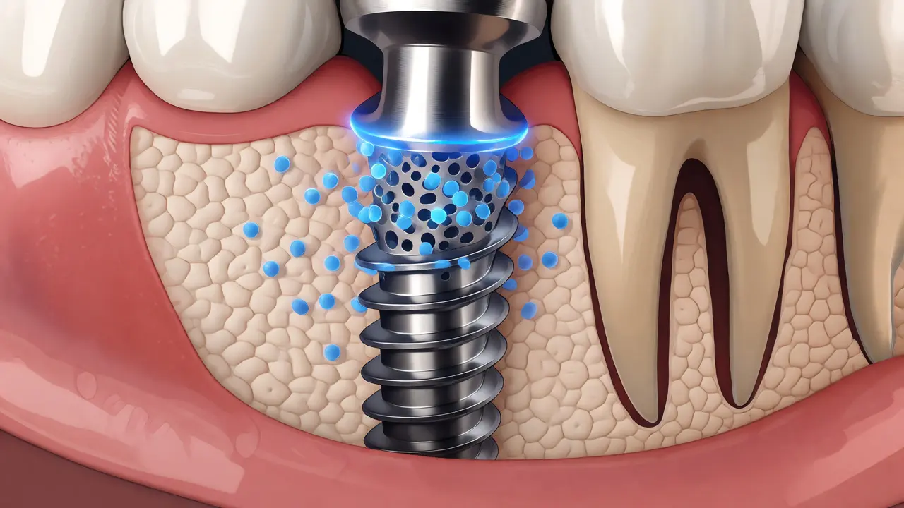 Ilustrace osteointegrace, kde kost prorůstá povrch titanového implantátu v čelisti.