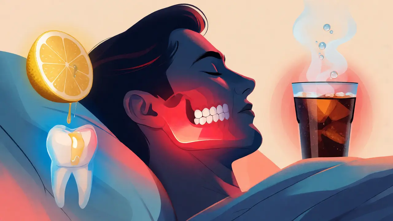 Ilustrace příčin praskání zubů, včetně bruxismu a kyselin.