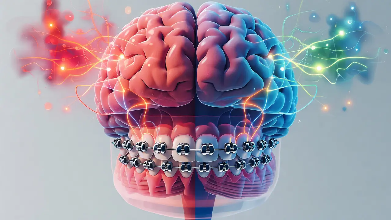 Konceptuální ilustrace propojující mozek s ortodontickými dráty a neurony.