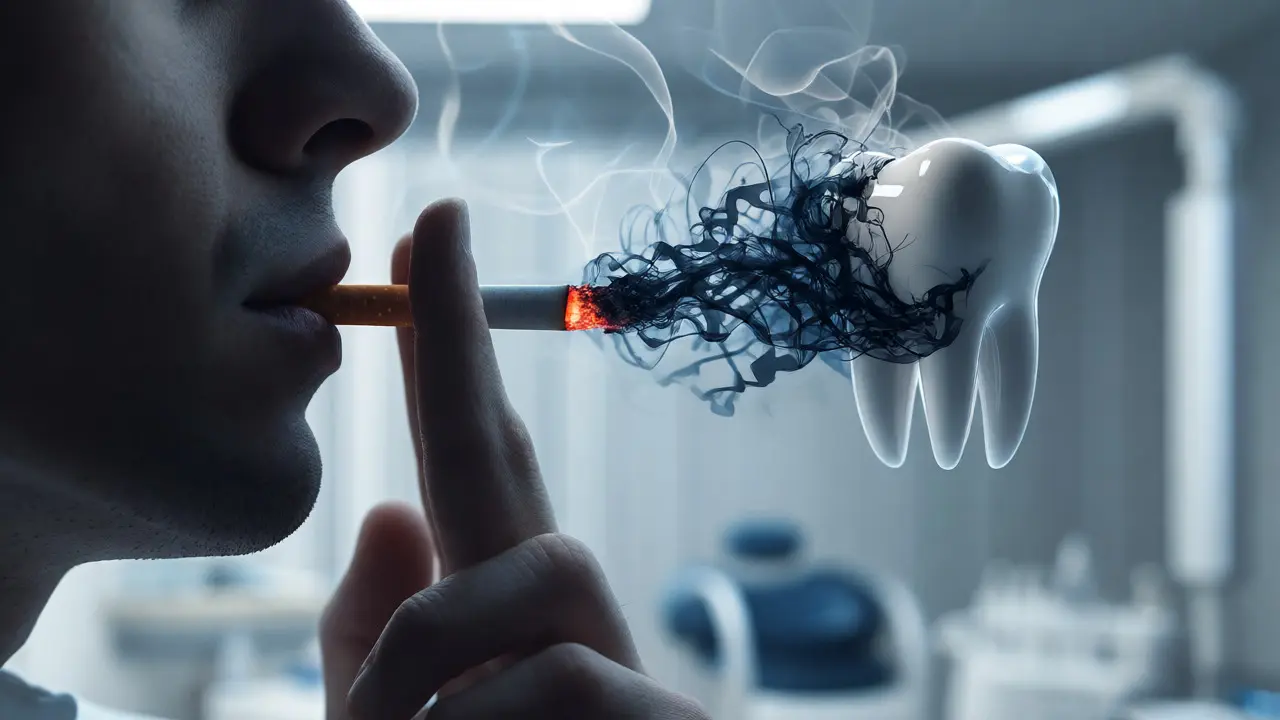 Konceptuální obraz cigarety dusící zubní implantát
