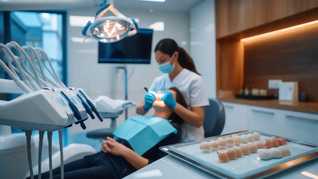 Moderní zubní klinika se vzorky keramických vinírů