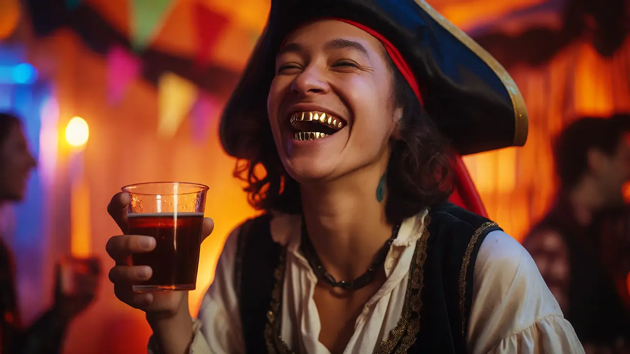 Pirát se zlatými zuby se směje na tematické párty