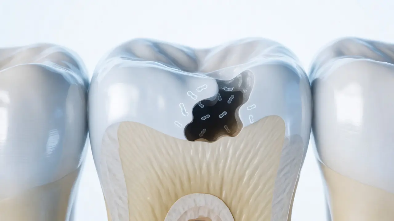 Řez zubem ukazující rozdíl mezi sklovinou a kazem v dentinu.