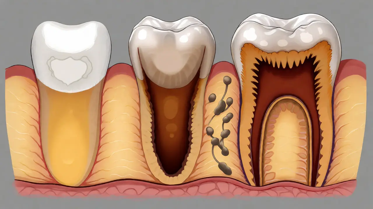 Řez zubem znázorňující stádia vývoje mezizubního kazu do dentinu