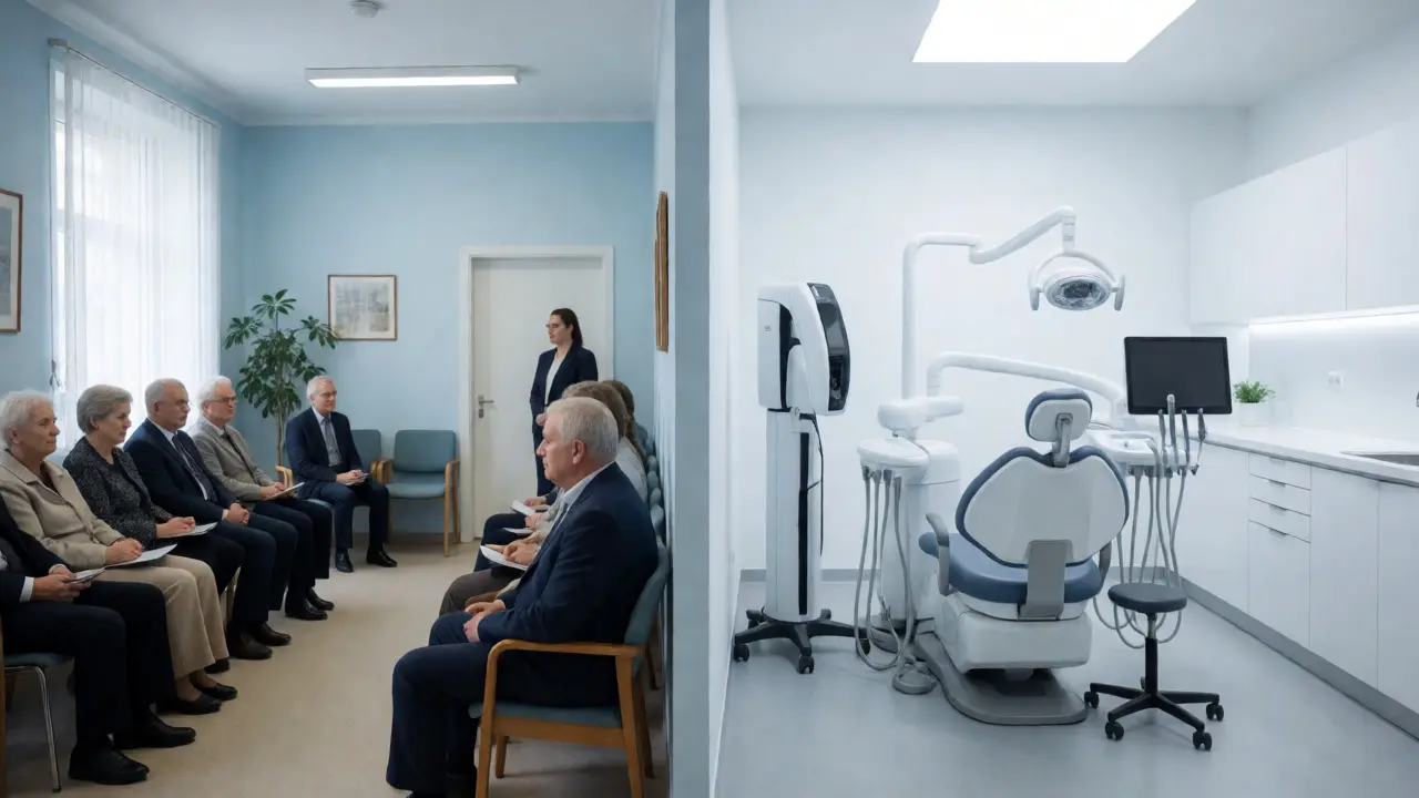Srovnání čekárny smluvní ordinace a moderní soukromé kliniky.