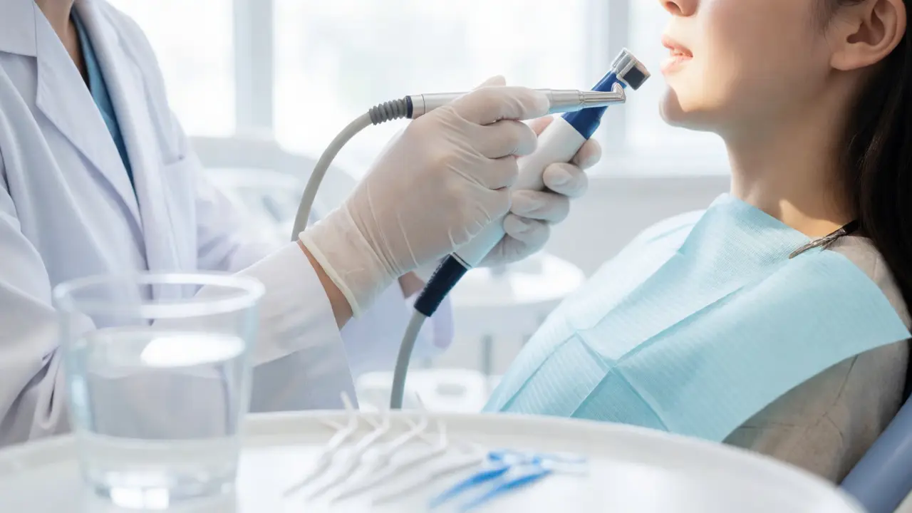 Zubní hygienista používá nástroje k čištění zubů v ordinaci.