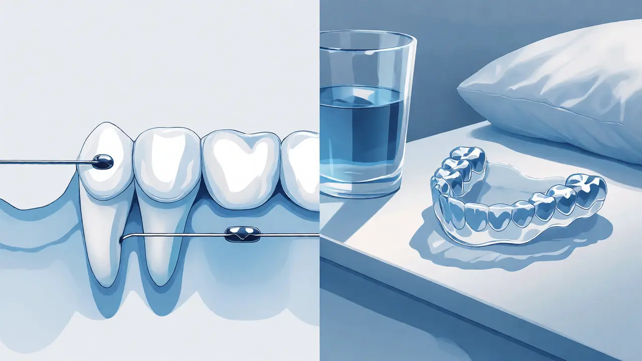 Ilustrace fixního a nočního retenčního aparátu pro zuby