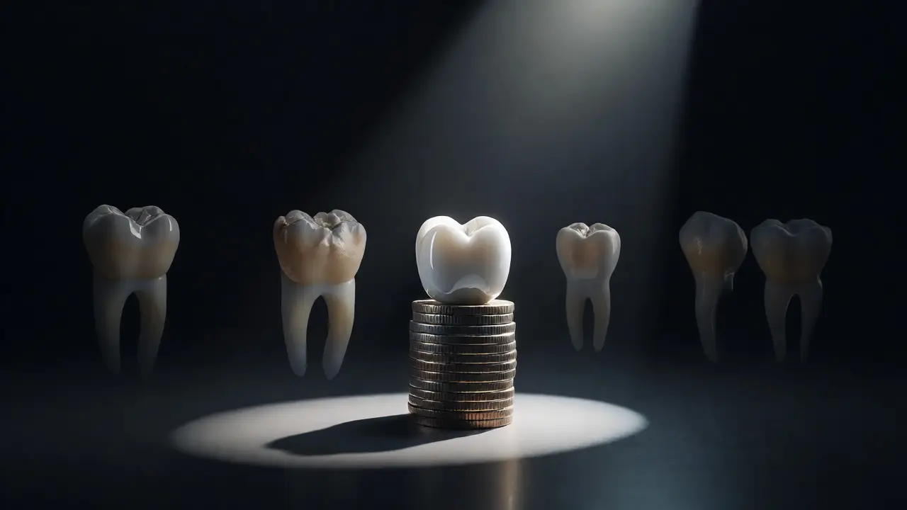 Keramická korunka na podstavci z mincí jako symbol investice