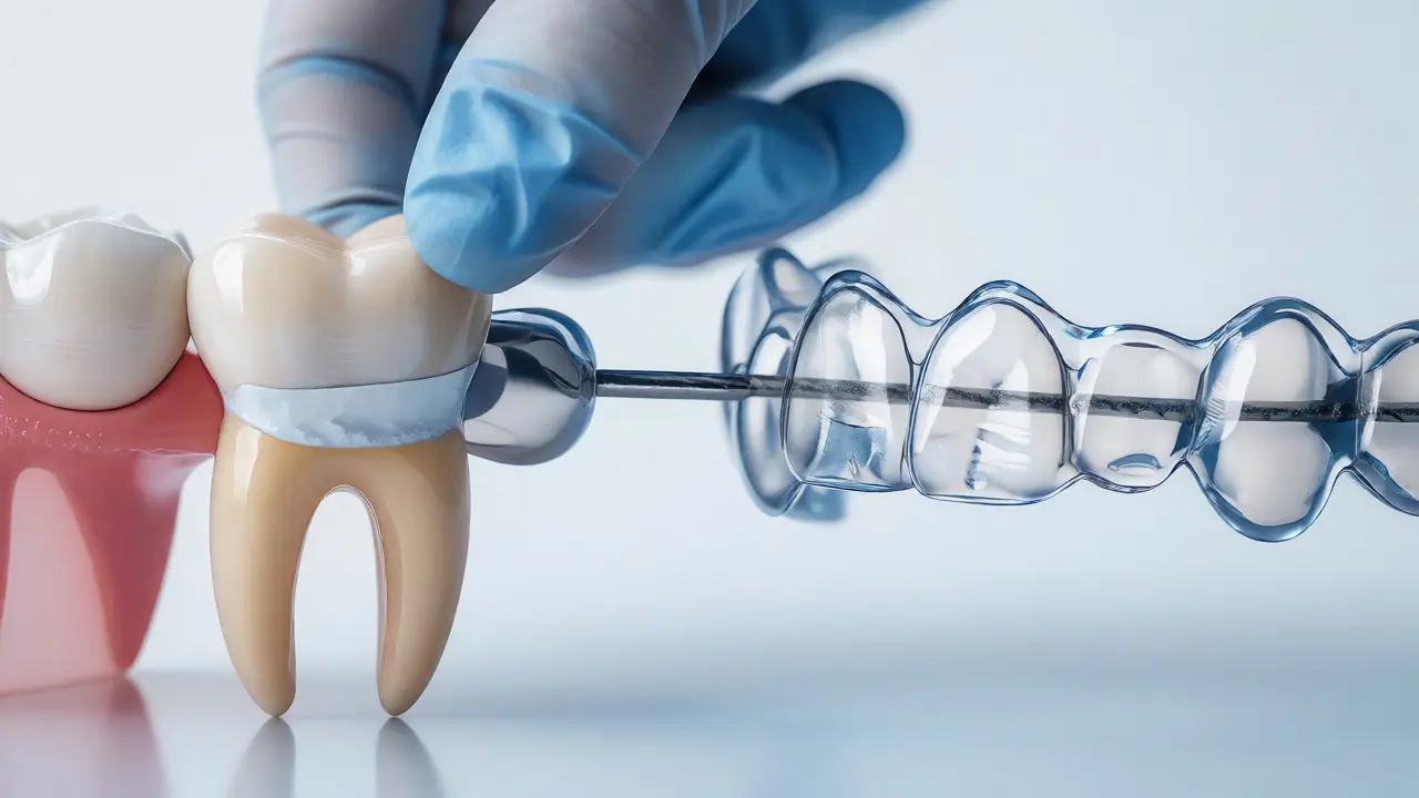Koncept dentální korekce s aplikací kompozitu a ortodontickým narovnáváním zubů.