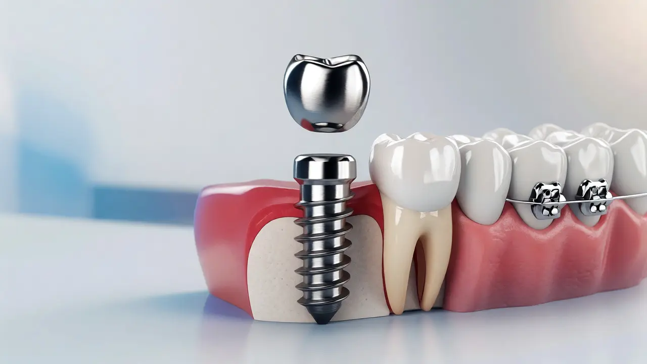 Koncept dentálního implantátu, keramické korunky a ortodontického rovnátka.