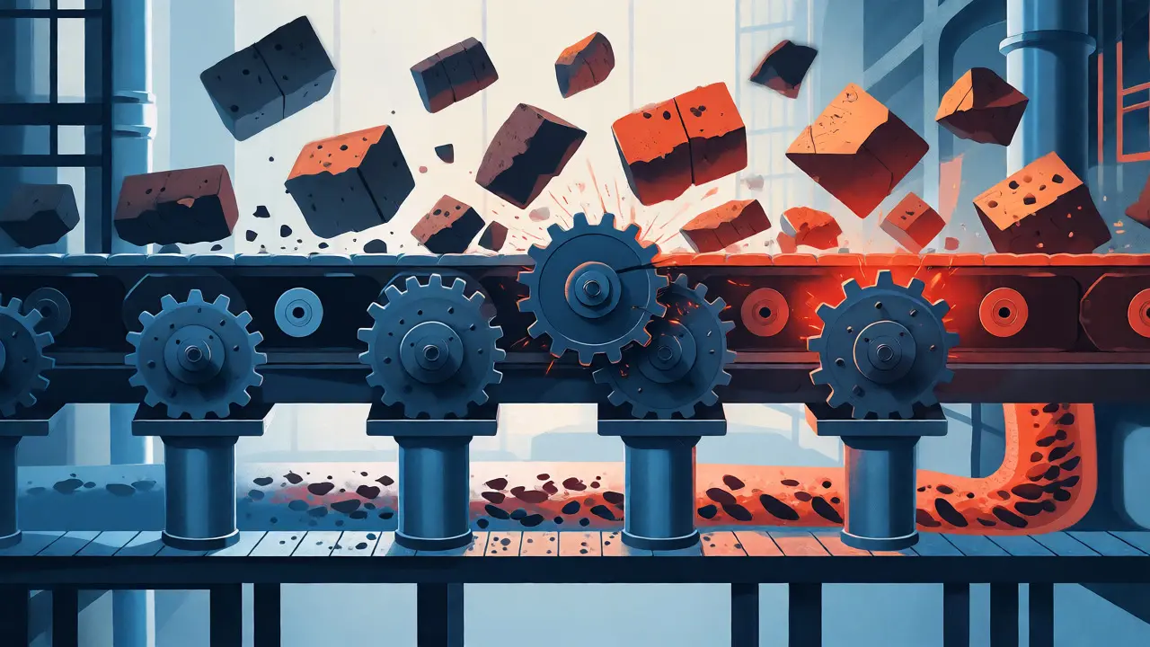 Konceptuální ilustrace trávicího traktu jako továrny, kde velké kusy jídla způsobují zaseknutí mechanismů.