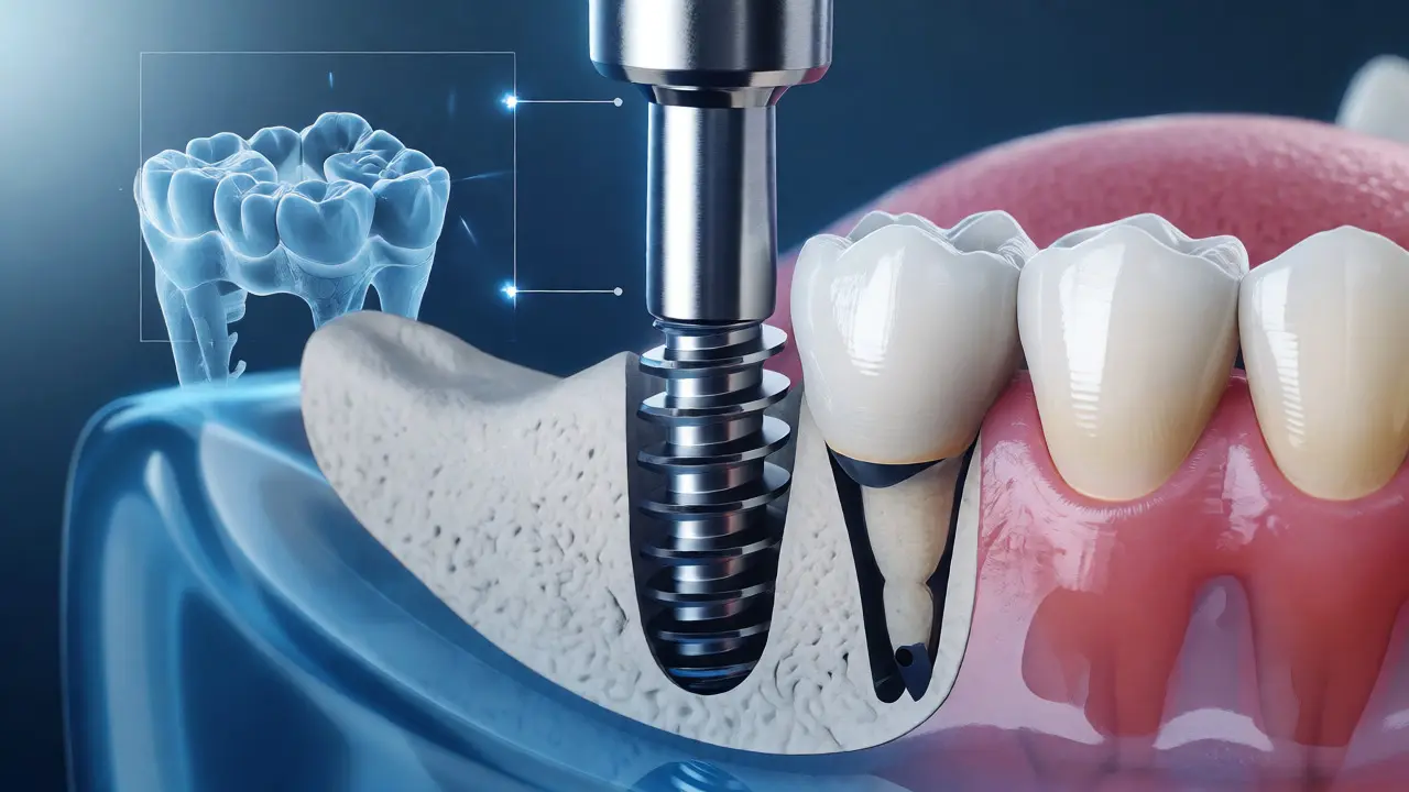 Lékař zavádí titanový zubní implantát do čelistní kosti během operace.