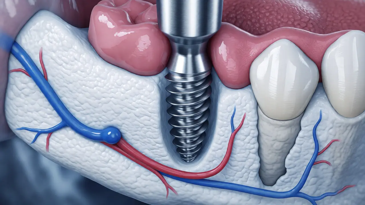 Lékařská ilustrace zavádění zubního implantátu do čelisti