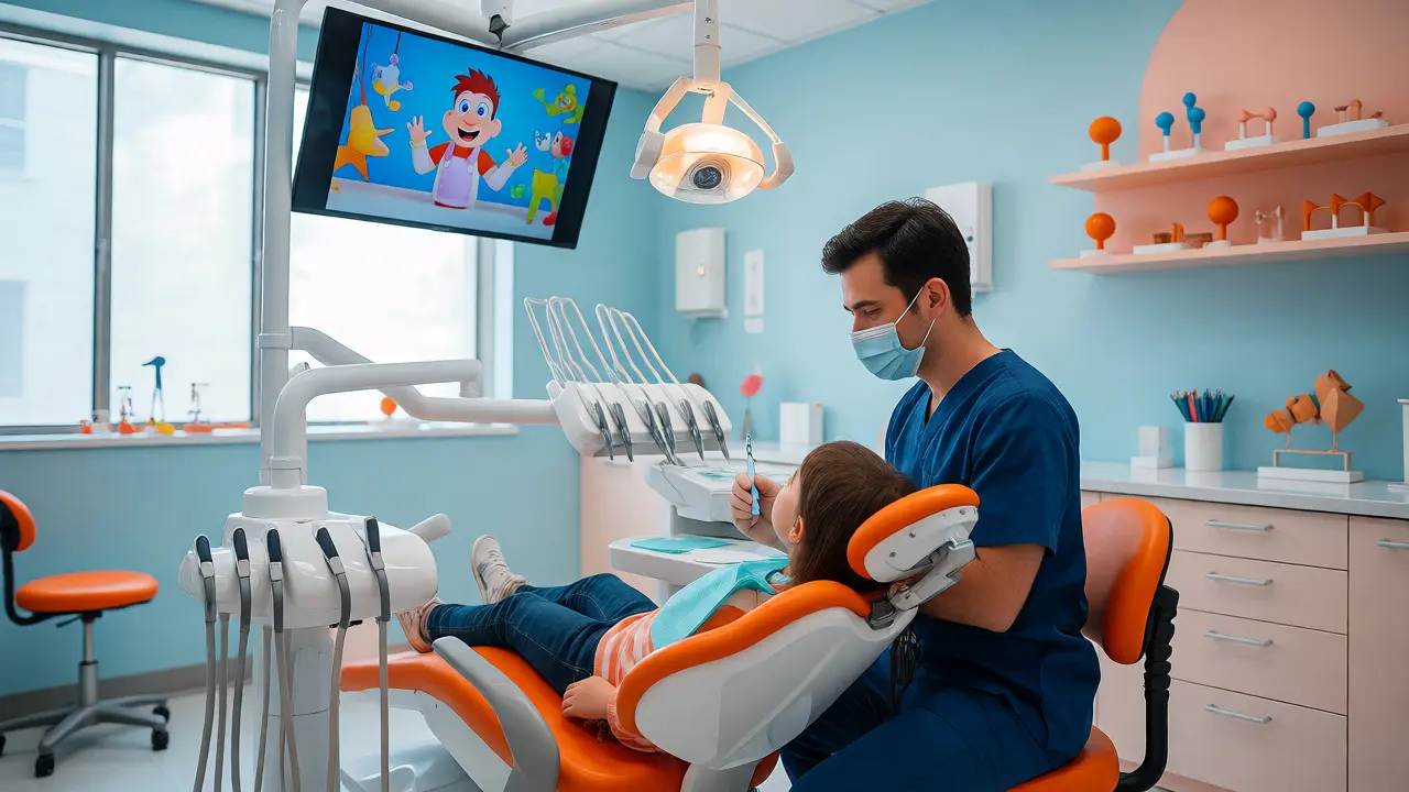 Pedodontist examining a calm child in a modern, child-friendly dental office.