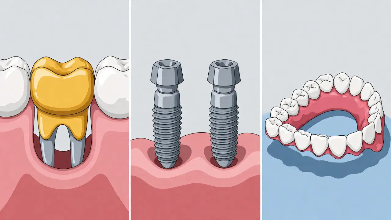Porovnání tří metod náhrady zubů: můstek, implantáty a výměnná náhrada